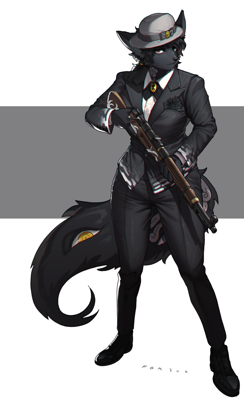 1girl absurdres animal_ears artist_name black_fur black_hair blue_eyes bolt_action breasts brown_eyes commission formal full_body fur furry furry_female grey_background gun hat highres holding holding_gun holding_weapon large_breasts long_sleeves looking_at_viewer original pants pgm300 rifle shoes simple_background solo standing suit suit_jacket tail two-tone_background watermark weapon white_background yellow_eyes