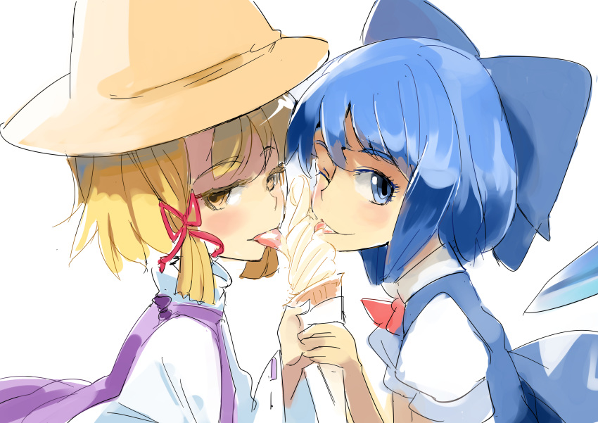 2girls absurdres blonde_hair blush brown_eyes cirno food hat highres ice_cream ice_cream_cone licking long_hair looking_at_viewer moriya_suwako multiple_girls open_mouth sexually_suggestive sharing_food short_hair simple_background sinzan sketch smile tongue tongue_out touhou white_background wings