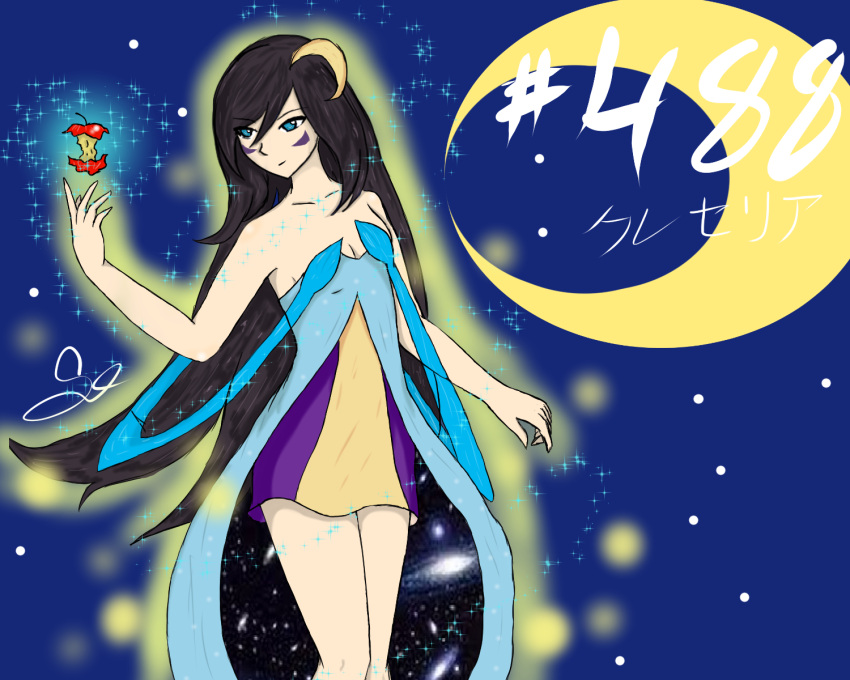 1girl bare_shoulders black_hair blue blue_eyes closed_mouth cresselia gijinka leftovers long_hair magiakarta moon night nintendo personification pokemon psychic_type shiny solo space thigh_highs