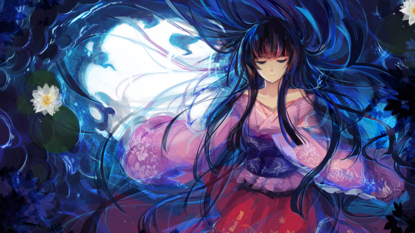 1girl black_hair blue_eyes collarbone floral_print flower full_moon highres hime_cut houraisan_kaguya japanese_clothes kimono lily_pad long_hair long_sleeves looking_down lyiet lying messy_hair moon narrowed_eyes night obi off_shoulder on_back outdoors partially_submerged reflection ripples sash sleeves_past_wrists smile solo touhou upper_body wallpaper water