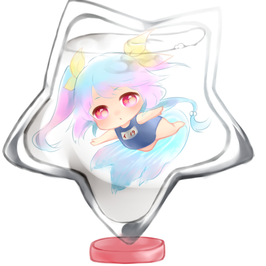 1girl blue_hair chibi fish_tail hair_ornament hair_ribbon highres i-19_(kantai_collection) kantai_collection kobone long_hair one-piece_swimsuit red_eyes ribbon school_swimsuit solo star star-shaped_pupils submarine swimsuit symbol-shaped_pupils tank_(container) twintails underwater water