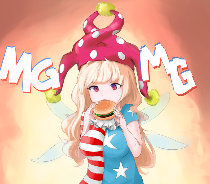 1girl american_flag_shirt appleslush blonde_hair clownpiece eating fairy_wings food hamburger hat jester_cap red_eyes simple_background solo sweat touhou wings