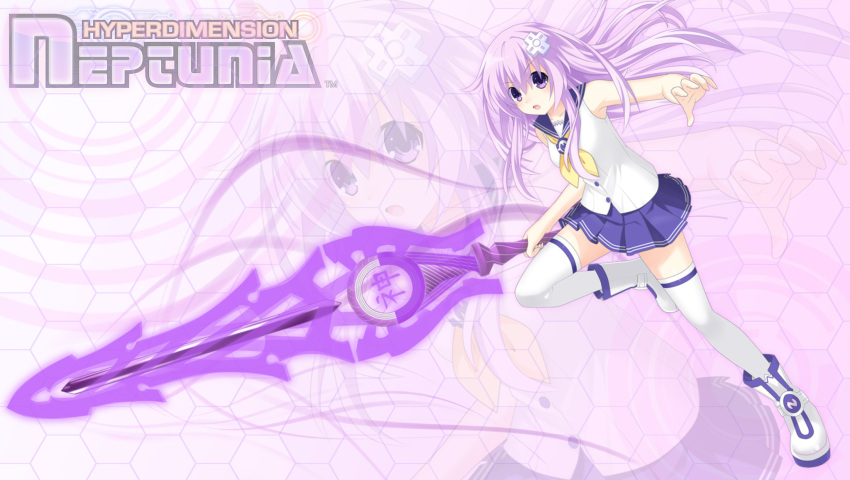 1girl armpits choujigen_game_neptune d-pad gabriel_grayford hair_ornament highres long_hair nepgear neptune_(series) purple_hair school_uniform serafuku sword violet_eyes weapon xenoblade