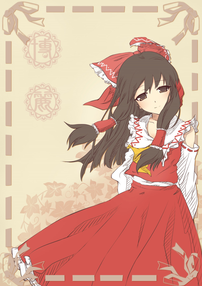 1girl arms_behind_back ascot ashzone_harumichi bare_shoulders blush brown_eyes brown_hair detached_sleeves dress frilled_dress frills hair_tubes hakurei_reimu highres long_hair looking_at_viewer nontraditional_miko ribbon-trimmed_clothes ribbon-trimmed_sleeves ribbon_trim smile solo touhou