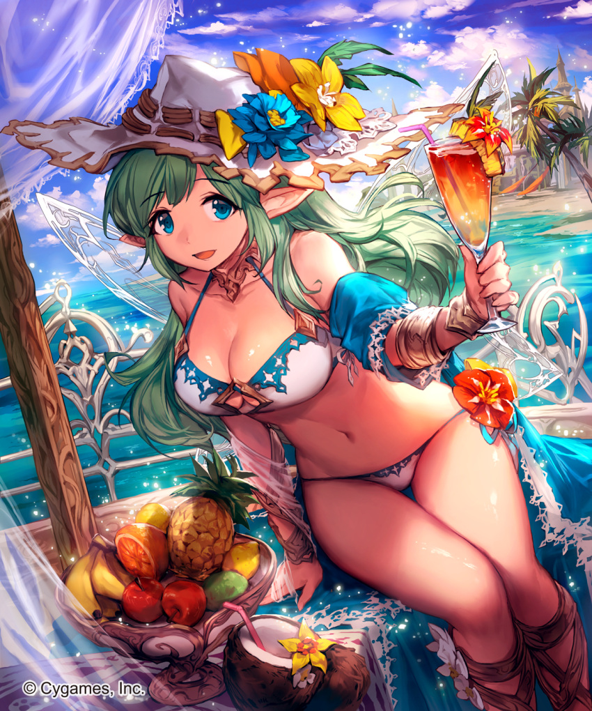 1girl apple arm_support banana beach bendy_straw bikini blue_eyes bracelet breasts choker cleavage cleavage_cutout coconut company_name cross-laced_legwear drinking_straw fairy_wings flower food fruit green_hair hat hat_flower highres jewelry large_breasts lee_hyeseung long_hair looking_at_viewer martini navel off_shoulder orange outdoors pineapple pointy_ears shingeki_no_bahamut sitting smile solo string_bikini sun_hat swimsuit watermark white_bikini white_swimsuit wings