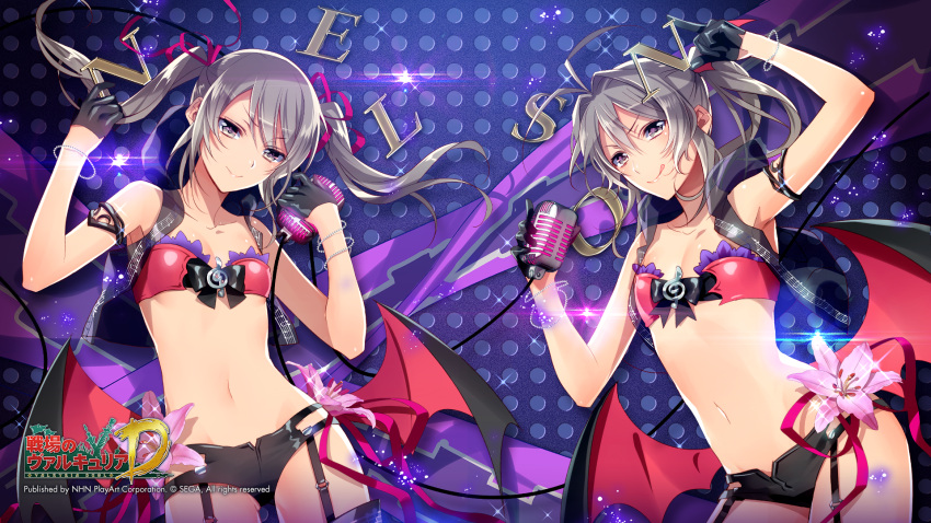 2girls :p alternate_costume bat_wings bracelet copyright_name cowboy_shot edy_nelson flower garter_straps gloves grey_eyes grey_hair hair_ribbon highres jewelry latex_gloves licorice_nelson long_hair looking_at_viewer microphone midriff multiple_girls murakami_yuichi navel ponytail ribbon senjou_no_valkyria siblings sisters smile tongue tongue_out treble_clef twintails underwear underwear_only watermark wings