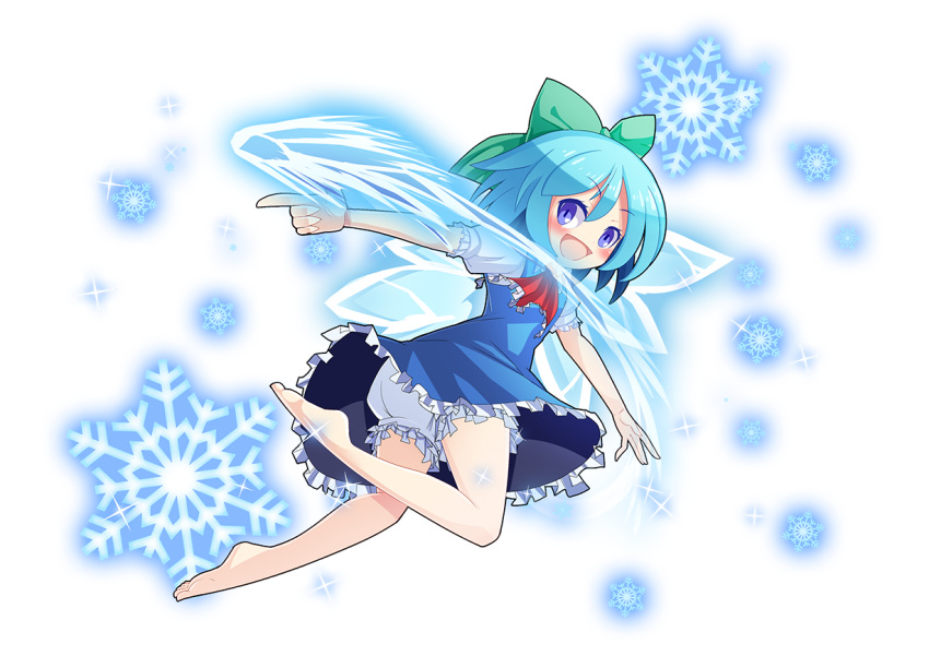 1girl barefoot bloomers blue_eyes blue_hair bow cirno hair_bow ice ice_wings leg_lift looking_back snowflakes solo touhou underwear wings z.o.b