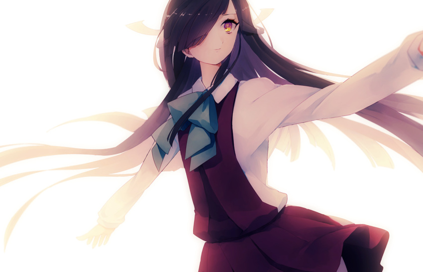 1girl black_hair bowtie bright_background brown_eyes hair_ornament hair_over_one_eye hair_ribbon hayashimo_(kantai_collection) kantai_collection long_hair long_sleeves looking_at_viewer multicolored_hair outstretched_arms pleated_skirt purple_hair ribbon sayori_(artist) school_uniform skirt smile solo very_long_hair