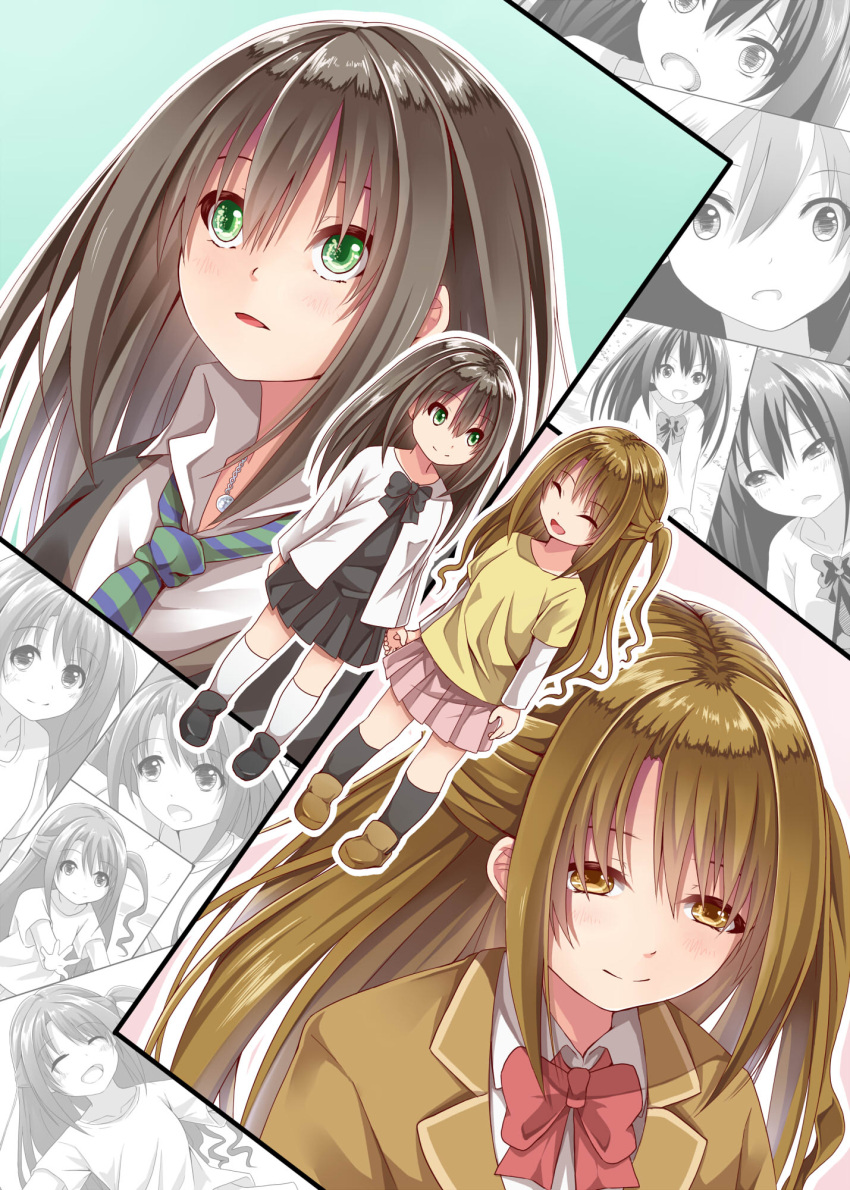 2girls blush brown_eyes brown_hair closed_eyes creek_(moon-sky) green_eyes highres holding_hands idolmaster idolmaster_cinderella_girls long_hair multiple_girls open_mouth shibuya_rin shimamura_uzuki skirt smile