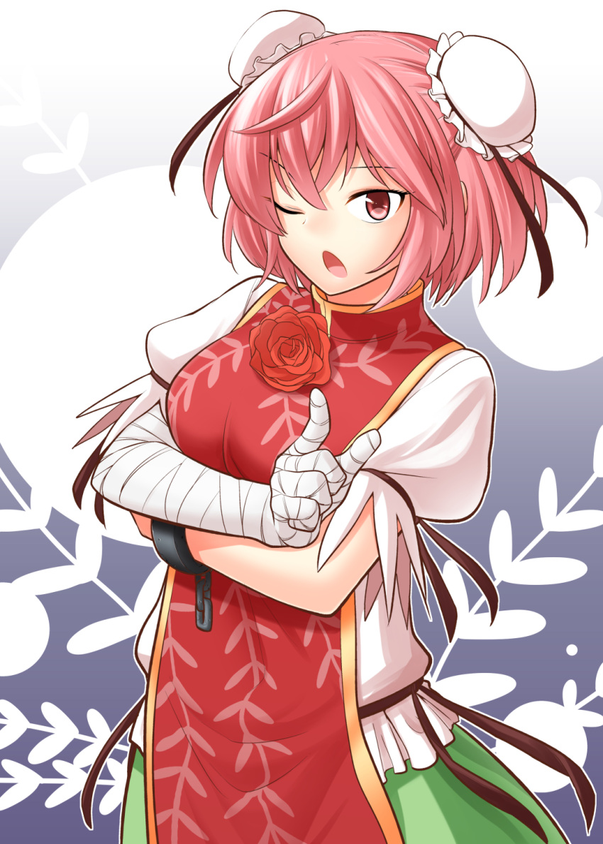 1girl bandages bun_cover chinese_clothes crossed_arms cuffs double_bun flower fuuzasa hair_bun highres ibaraki_kasen index_finger_raised one_eye_closed open_mouth pink_eyes pink_hair puffy_short_sleeves puffy_sleeves red_eyes rose shackles shirt short_hair short_sleeves skirt solo tabard touhou