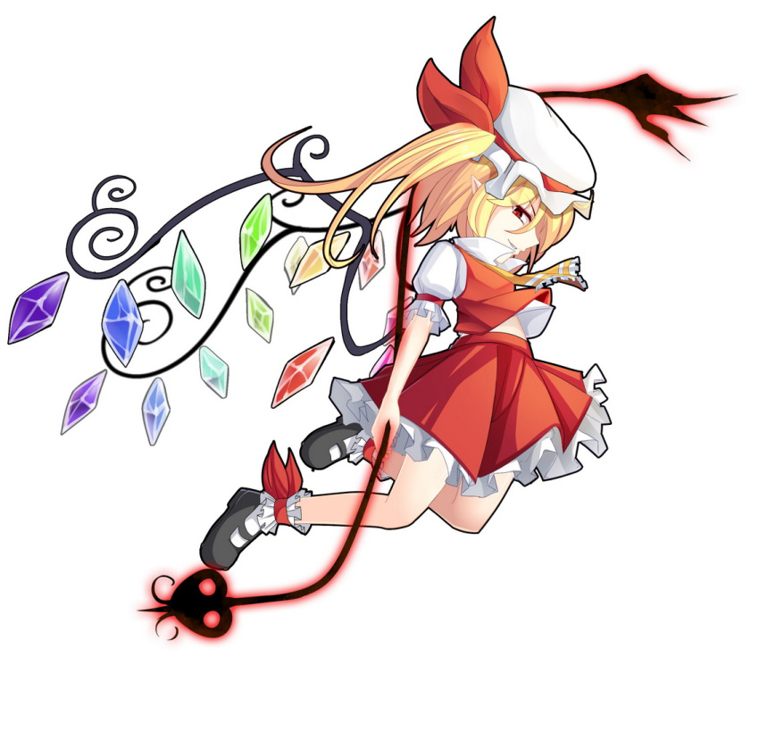 1girl ankle_cuffs ascot blonde_hair bow flandre_scarlet hat hat_bow laevatein mary_janes mob_cap red_eyes sash shoes side_ponytail solo touhou wings z.o.b