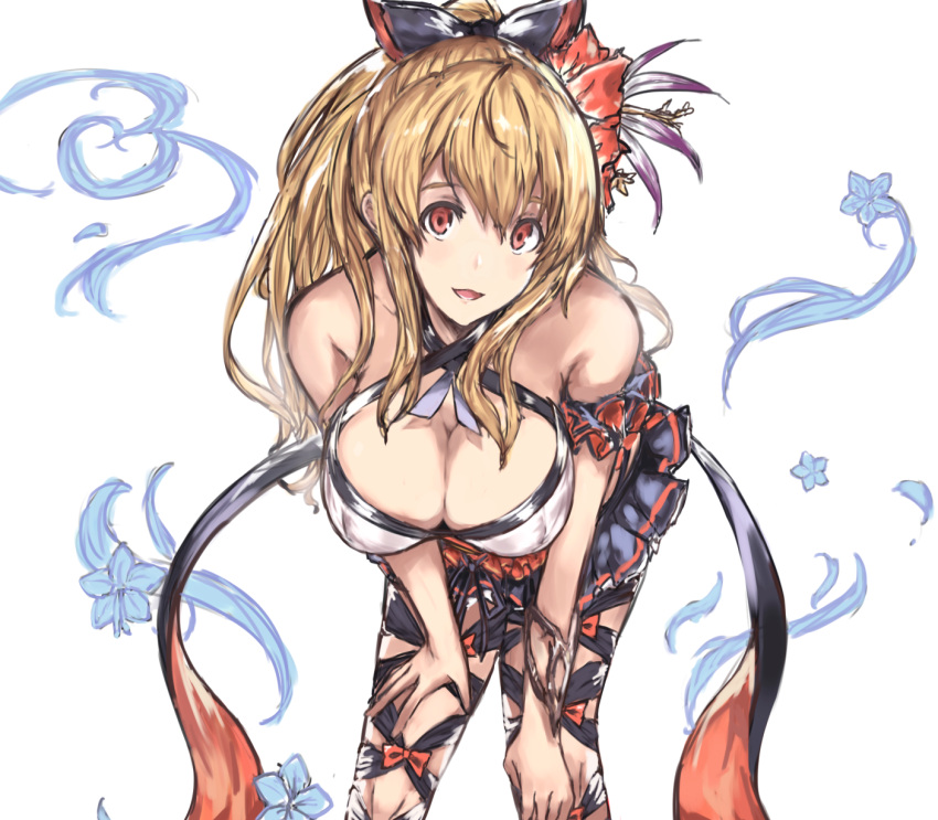 1girl :d bare_shoulders bent_over bikini blonde_hair bow breasts cleavage empty_eyes flower granblue_fantasy hair_bow hair_flower hair_ornament highres large_breasts long_hair moko_(alice) open_mouth red_eyes simple_background smile solo swimsuit thigh-highs vila white_background