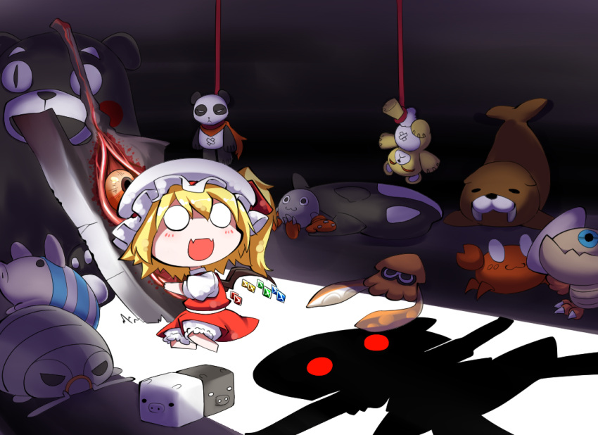 2girls :3 blonde_hair blood bloomers commentary_request crab dress eyes fangs flandre_scarlet hanging hat hat_ribbon kashuu_(b-q) konpaku_youmu mob_cap multiple_girls o_o open_door open_mouth orca red_dress red_eyes ribbon shadow side_ponytail soul_edge_(weapon) squid touhou underwear walrus wings