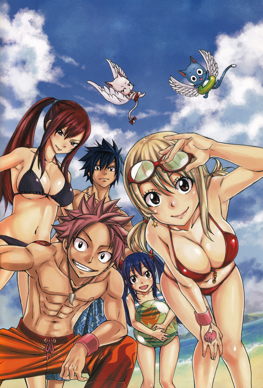 2boys 3girls absurdres beach bikini black_bikini blonde_hair blue_hair breasts charle_(fairy_tail) cleavage erza_scarlet fairy_tail glasses_on_head gray_fullbuster happy_(fairy_tail) highres long_hair looking_at_viewer lucy_heartfilia mashima_hiro multiple_boys multiple_girls natsu_dragneel navel pink_hair ponytail red_bikini redhead smile spiky_hair swimsuit tattoo twintails wendy_marvell