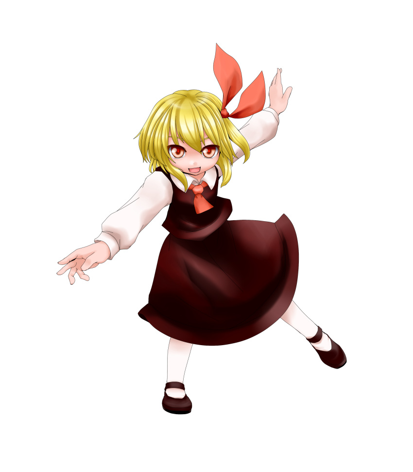 1girl :d absurdres blonde_hair hair_ribbon highres open_mouth outstretched_arms qbthgry red_eyes ribbon rumia shirt short_hair skirt smile spread_arms touhou transparent_background vest