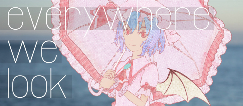 1girl bat_wings blue_hair commentary_request cravat looking_at_viewer perry puffy_short_sleeves puffy_sleeves red_eyes remilia_scarlet short_sleeves solo touhou wings