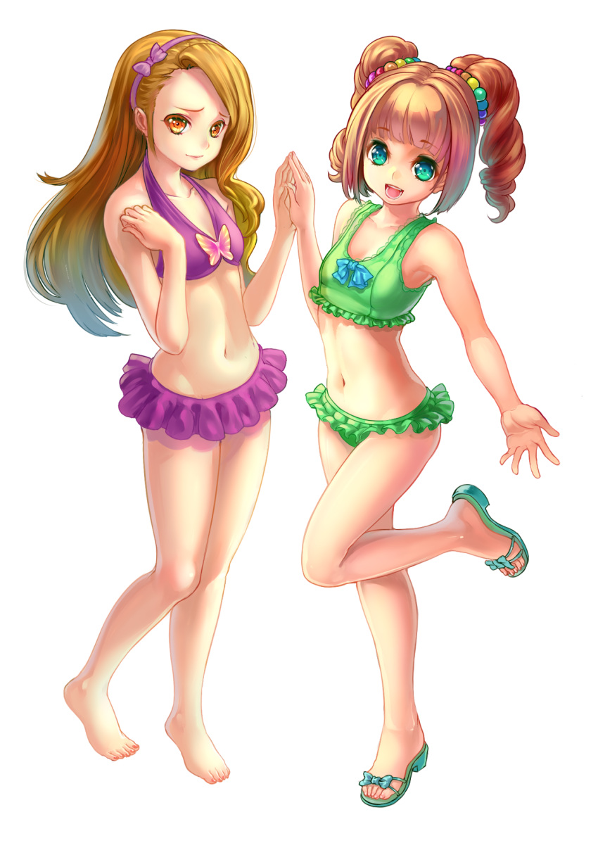 2girls arm_at_side barefoot bikini_skirt brown_eyes brown_hair collarbone crop_top embarrassed green_eyes hairband halterneck highres holding_hands idolmaster idolmaster_2 light_brown_hair long_hair looking_at_viewer minase_iori multiple_girls open_mouth sandals simple_background small_breasts standing_on_one_leg takatsuki_yayoi twintails yimingyang