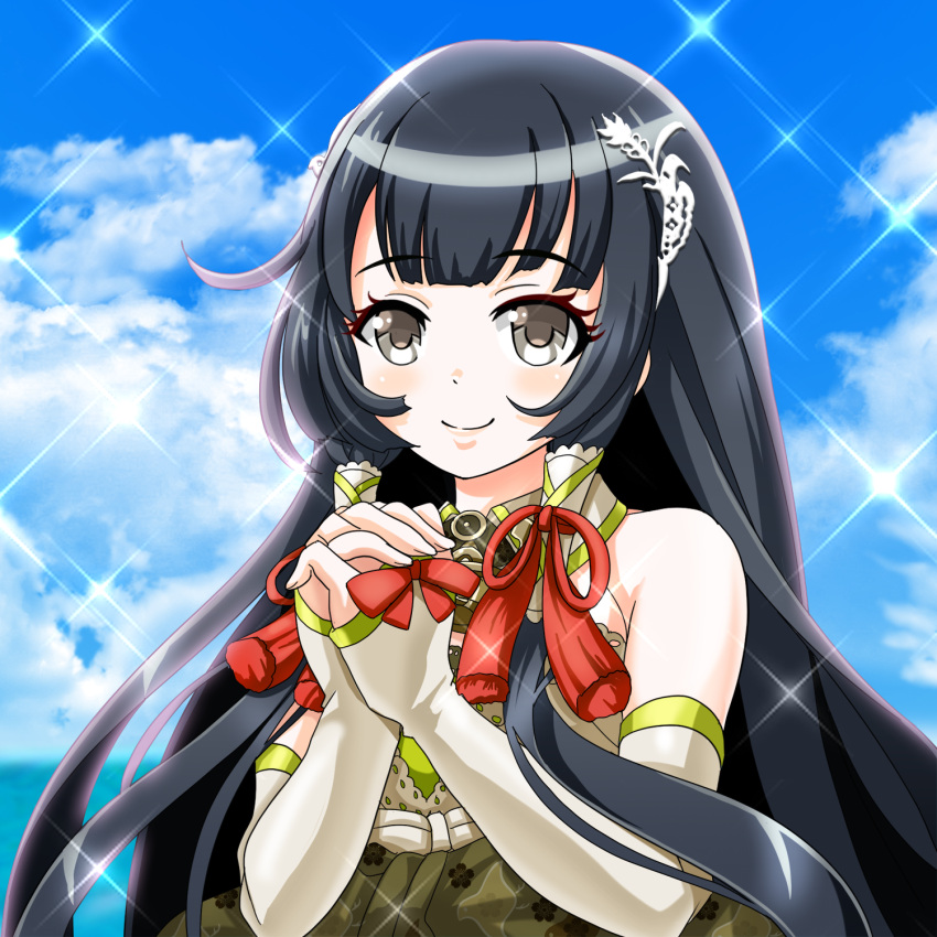 1girl bare_shoulders black_hair bow bridal_gauntlets clouds cloudy_sky detached_sleeves dress flower_(symbol) green_dress grey_eyes hair_ornament hair_ribbon hair_tubes hakama hands_clasped highres japanese_clothes kantai_collection large_bow light_smile long_hair looking_at_viewer mizuho_(kantai_collection) ribbon sidelocks sky solo sparkle tk8d32 upper_body