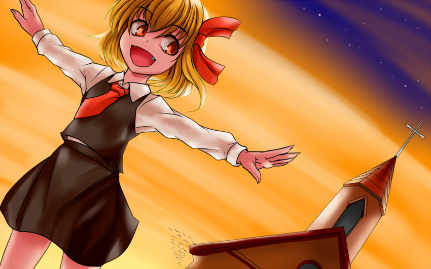 1girl :d blonde_hair dusk fang open_mouth outstretched_arms qbthgry rumia scarlet_devil_mansion shirt short_hair skirt sky smile spread_arms star_(sky) starry_sky swarm touhou twilight vest