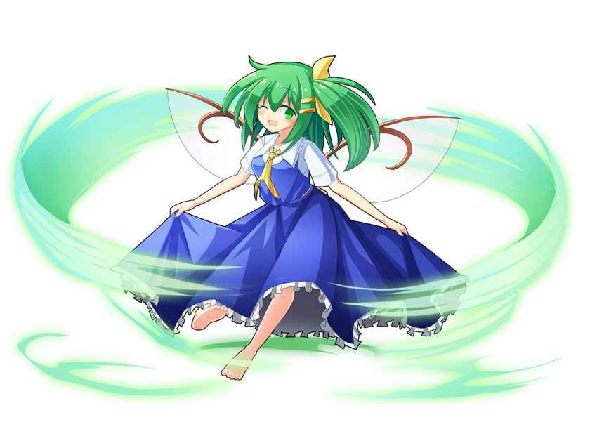 1girl ascot barefoot bow daiyousei fairy_wings green_eyes green_hair hair_bow one_eye_closed side_ponytail skirt skirt_lift solo touhou wind wings z.o.b