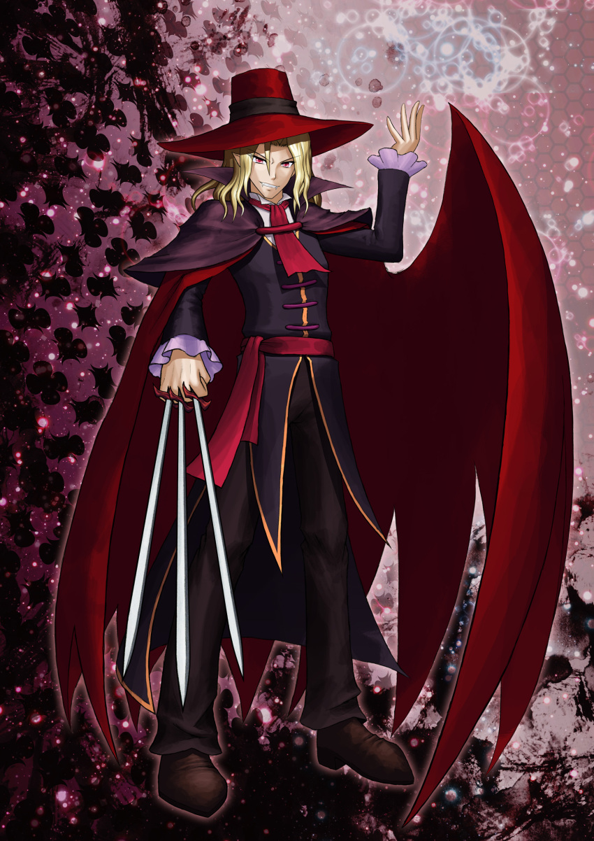 1boy arm_up ascot between_fingers blonde_hair fangs fedora grimorigin grin hat highres original pants pointy_ears red_hat smile sword vampire weapon wraith_the_etoile