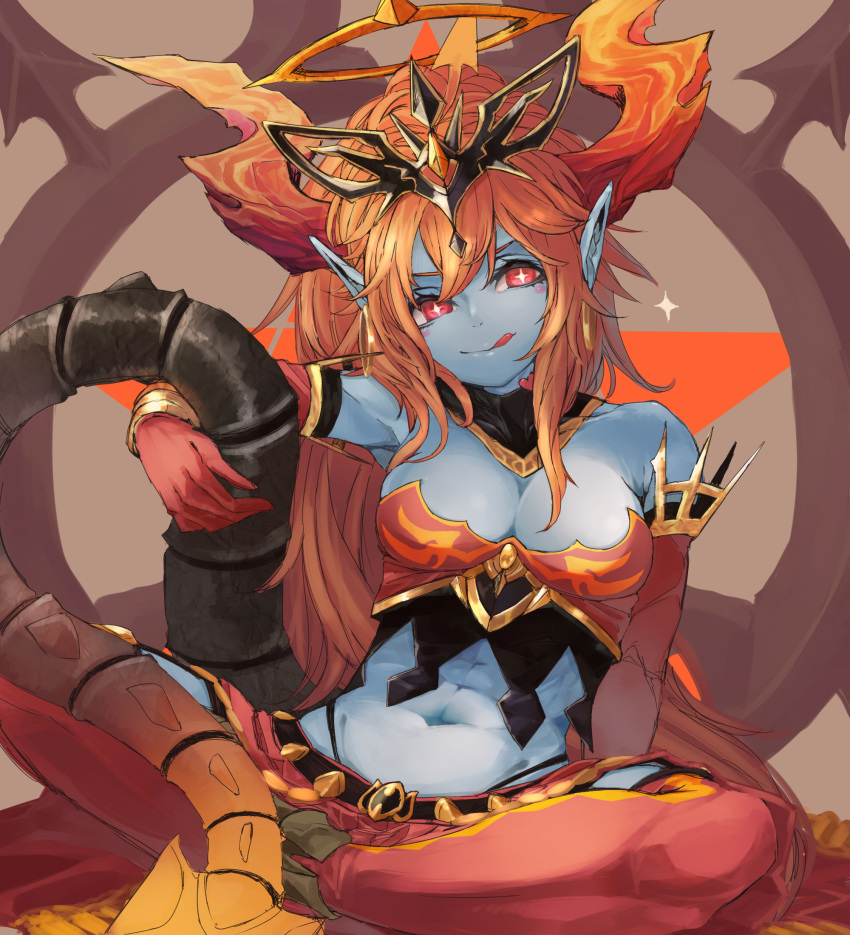 1girl armor bare_shoulders belt bikini_armor blue_skin breasts cleavage demon_girl demon_horns demon_tail halo hera-ur_(p&amp;d) highres horns kumonji_aruto licking_lips looking_at_viewer midriff navel pointy_ears puzzle_&amp;_dragons red_eyes sitting skirt solo tail tongue tongue_out