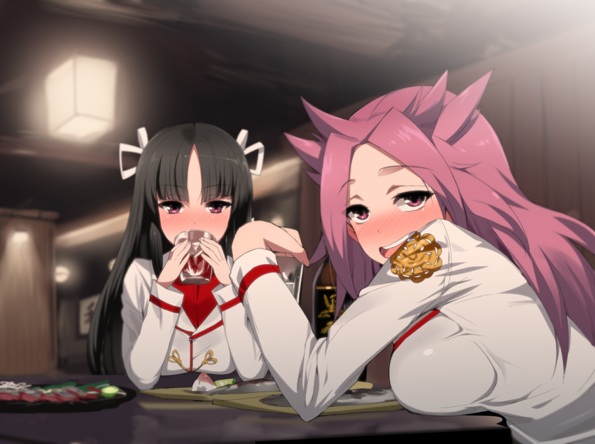 2girls :d alcohol bangs black_hair blush breast_rest breasts cup drink drinking_glass drunk elbows_on_table food hair_ribbon hiyou_(kantai_collection) holding_drinking_glass indoors jun'you_(kantai_collection) kantai_collection kusaka_souji lamp large_breasts long_hair long_sleeves looking_at_viewer multiple_girls open_mouth parted_bangs purple_hair ribbon round_teeth smile spiky_hair teeth uniform violet_eyes wine_bottle