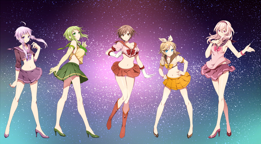 5girls ahoge bishoujo_senshi_sailor_moon blonde_hair blue_eyes boots bracelet breasts brown_eyes brown_hair cleavage crop_top earrings elbow_gloves gahata_meiji gloves green_eyes green_gloves green_hair green_skirt gumi hair_ornament hair_ribbon hairband hairclip hand_on_own_chest hands_on_hips highres jewelry kagamine_rin long_hair meiko midriff multiple_girls pink_hair pink_skirt purple_hair purple_skirt red_skirt ribbon sailor_collar sailor_senshi_(cosplay) short_hair short_sleeves sideboob skirt sleeveless smile toudou_charo twintails utau violet_eyes vocaloid white_gloves white_ribbon yuzuki_yukari