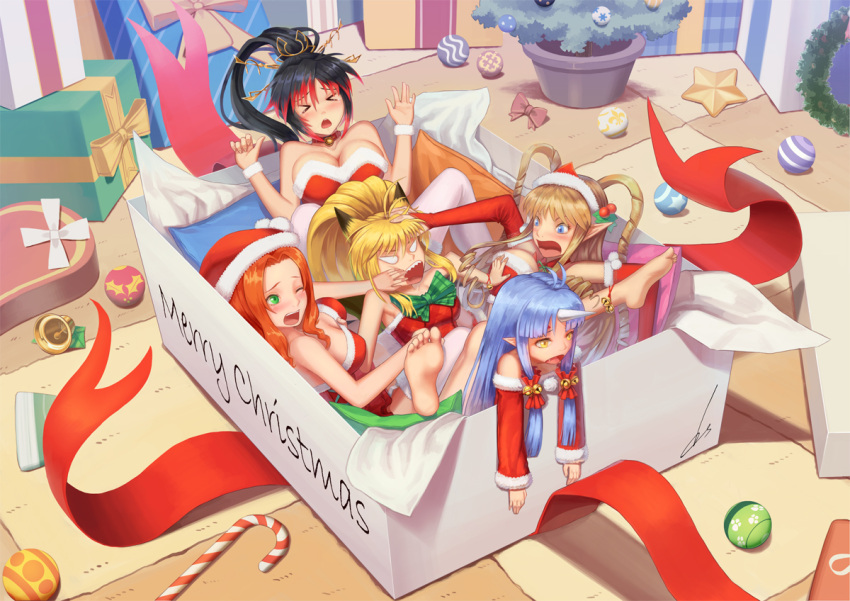5girls ahoge animal_ears bare_shoulders barefoot bell black_hair blonde_hair bow box brown_hair candy candy_cane christmas christmas_ornaments dopollsogno elbow_gloves elf gift gloves green_eyes hat horn multiple_girls open_mouth ornament pillow pointy_ears ponytail project_x_zone red_legwear santa_hat star thigh-highs twintails white_legwear wrapped wristband