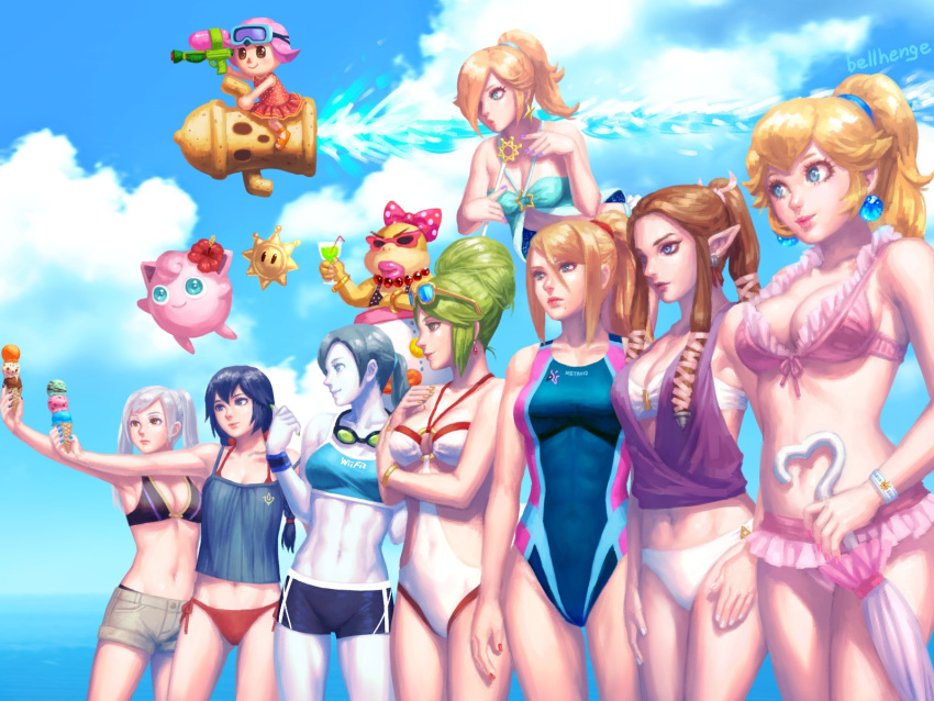 6+girls abs alternate_hairstyle aqua_eyes artist_name bangs beach bellhenge black_hair blonde_hair blue_eyes blue_hair blush bow breasts brown_eyes brown_hair cleavage clouds derivative_work doubutsu_no_mori earrings fire_emblem fire_emblem:_kakusei food green_eyes green_hair grey_hair hair_bun highres holding ice_cream jewelry jigglypuff kid_icarus large_bow lips lipstick long_hair lucina makeup super_mario_bros. metroid midriff multiple_girls my_unit_(fire_emblem:_kakusei) navel nintendo one-piece_swimsuit palutena parody pink_hair pokemon pokemon_(creature) ponytail princess_peach princess_zelda rosetta_(mario) samus_aran short_hair sidelocks sky smile standing summer sunglasses super_mario_bros. super_mario_galaxy super_smash_bros. super_smash_bros_for_wii_u_and_3ds super_smash_bros_melee swimsuit the_legend_of_zelda twintails umbrella villager_(doubutsu_no_mori) white_hair white_skin wii_fit wii_fit_trainer