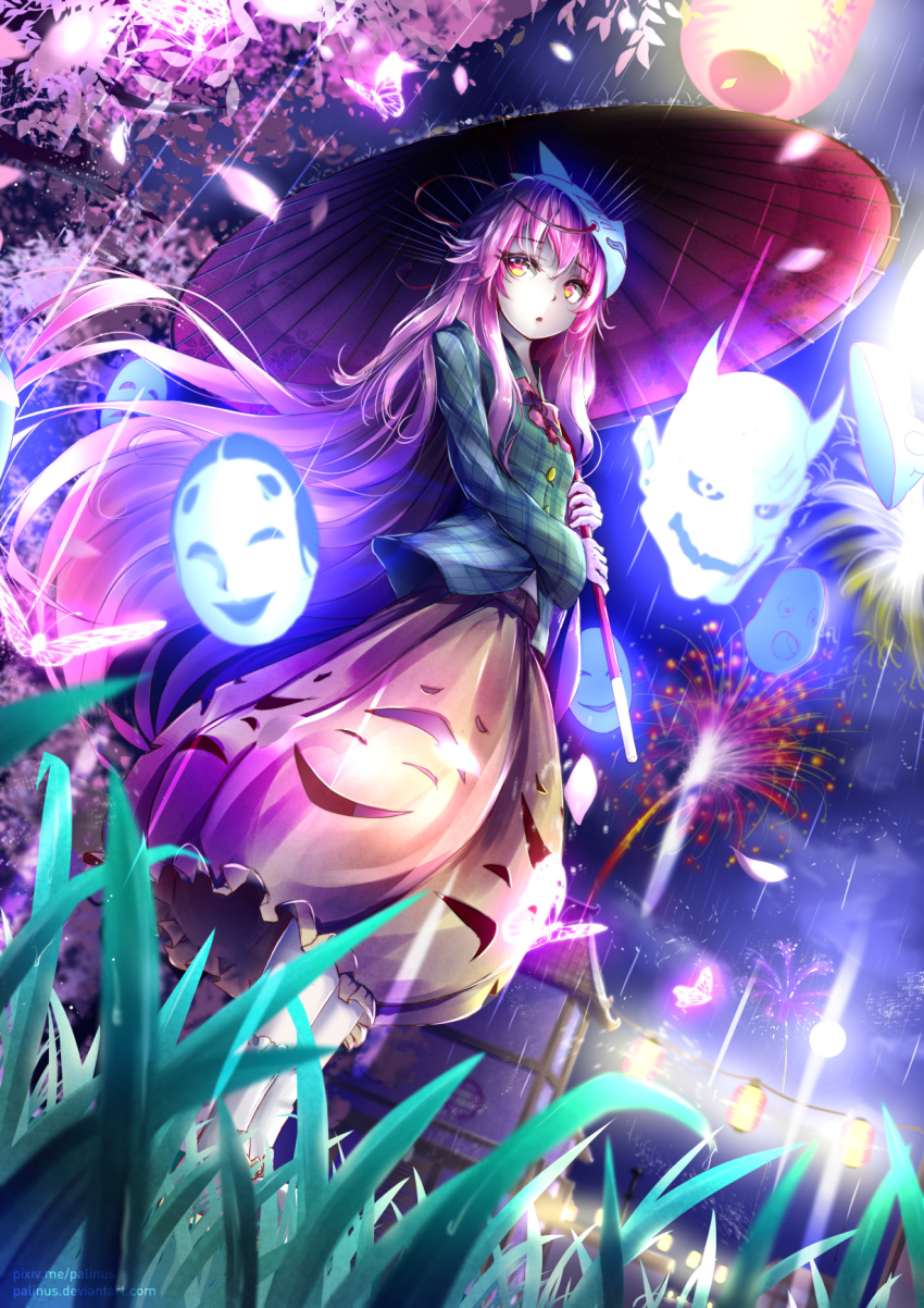 1girl butterfly cherry_blossoms face_mask festival fireworks fox_mask glowing_butterfly grass hata_no_kokoro highres lantern long_sleeves looking_at_viewer mask night oni_mask oriental_umbrella palinus petals pink_eyes pink_hair rain see-through skirt sky solo touhou tree umbrella wind