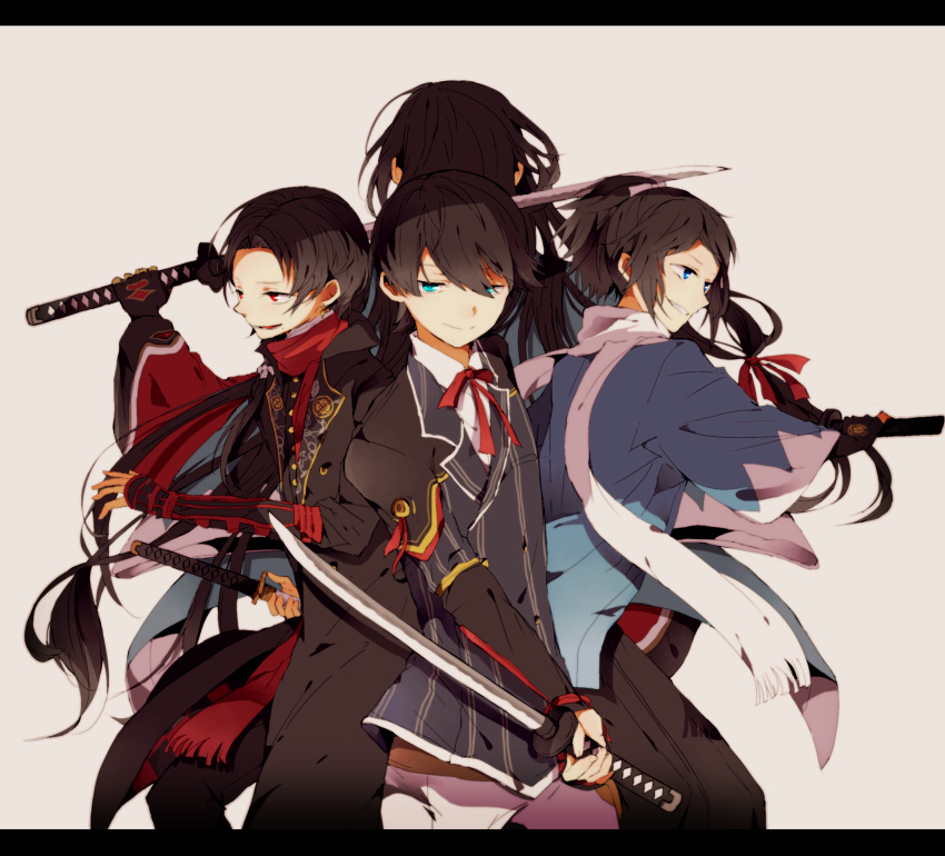 4boys black_hair blue_eyes double-breasted grin haori highres hiiragi_fuyuki horikawa_kunihiro izumi-no-kami_kanesada japanese_clothes kashuu_kiyomitsu katana male_focus mole mole_under_mouth multiple_boys ponytail red_eyes ribbon scarf shinsengumi smile sword touken_ranbu wakizashi weapon yamato-no-kami_yasusada