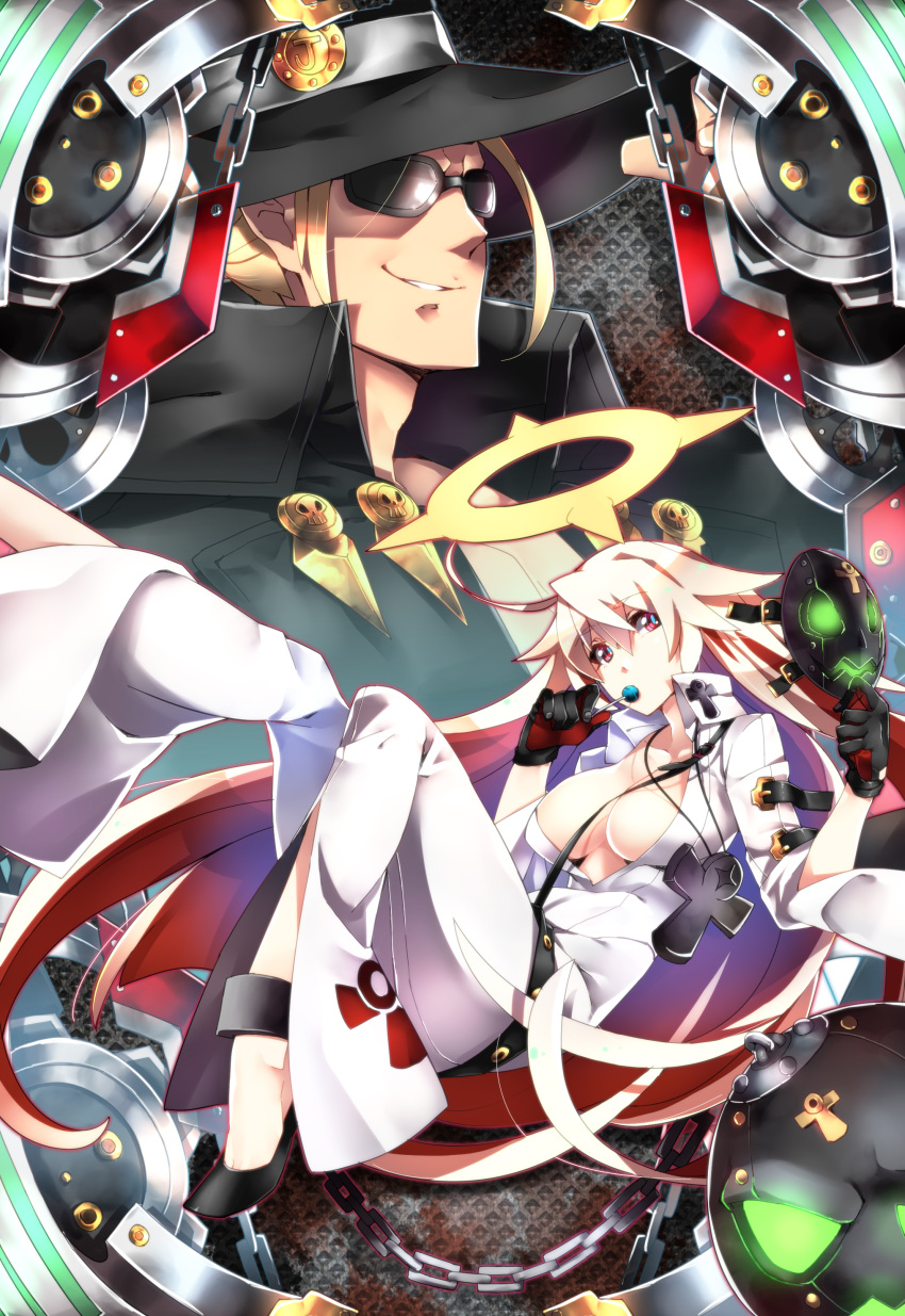 1boy 1girl absurdres ball_and_chain_restraint black_gloves blonde_hair bodysuit breasts candy chain cleavage cross cross_necklace gloves grin guilty_gear guilty_gear_xrd halo hat high_collar highres jack-o_(guilty_gear) johnny_(guilty_gear) large_breasts lollipop long_hair makai mask mask_removed multicolored_hair no_bra nose red_eyes redhead smile sunglasses two-tone_hair very_long_hair white_hair