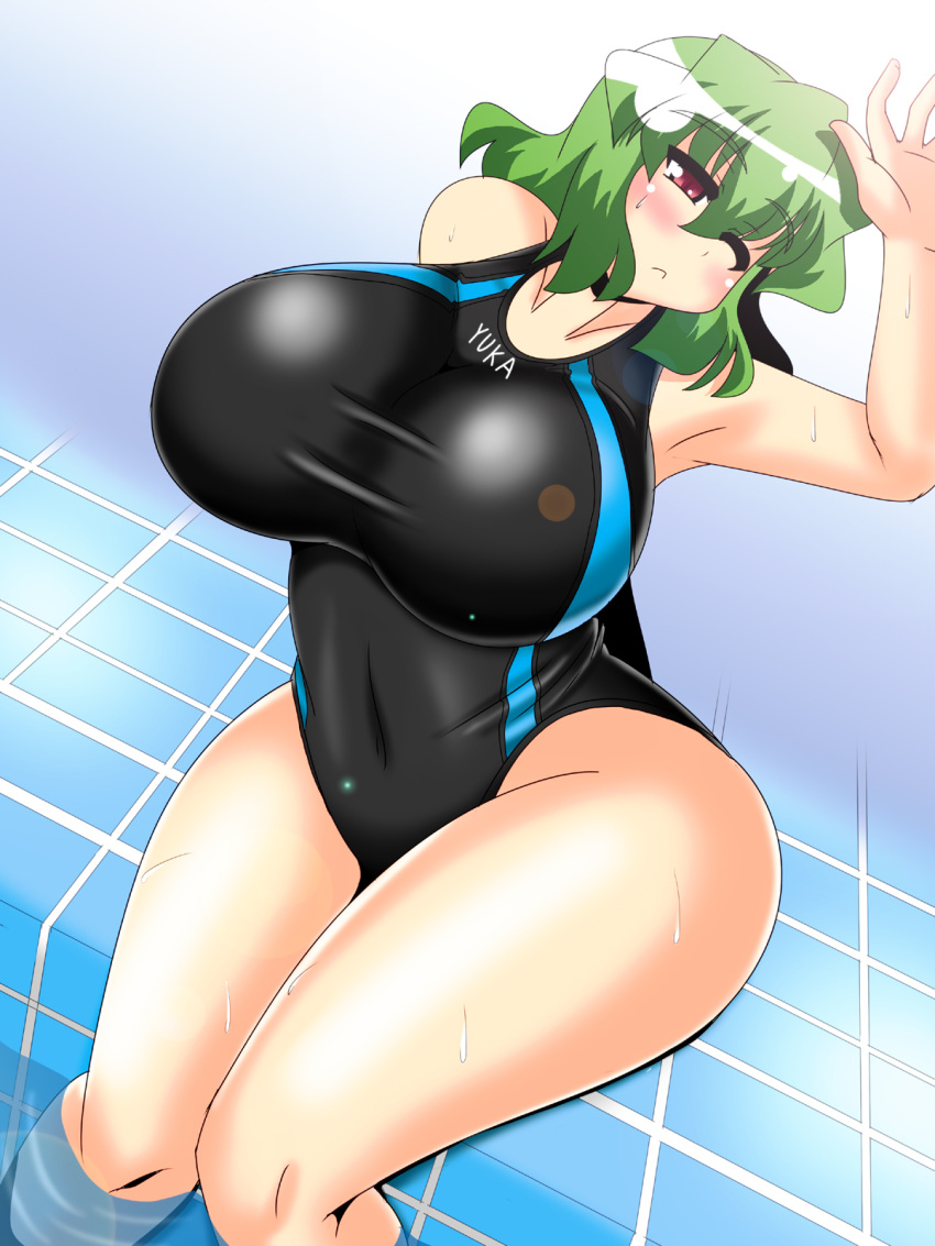 1girl adidas akasode_(tyaramu) blush breasts competition_swimsuit covered_navel green_hair highres huge_breasts kazami_yuuka multiple_girls one-piece_swimsuit one_eye_closed parody pool poolside red_eyes short_hair sitting soaking_feet solo swimsuit touhou water