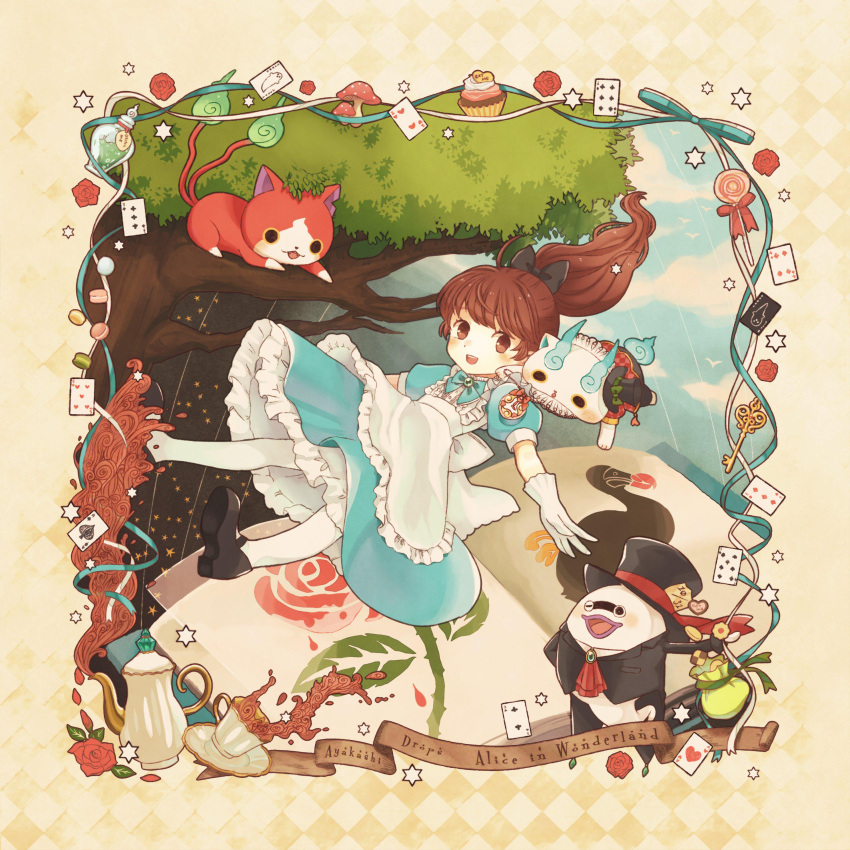 1girl absurdres alice_(wonderland) alice_(wonderland)_(cosplay) alice_in_wonderland bird black_tea blue_sky book brown_eyes brown_hair candy card cat checkerboard_cookie clouds cookie copyright_name cosplay cup cupcake dress drink_me eat_me english flamingo flower food ghost gloves hat highres jibanyan kanacho kodama_fumika koma-san lollipop long_hair macaron mad_hatter mad_hatter_(cosplay) mary_janes multiple_tails mushroom notched_ear one_eye_closed open_mouth outdoors pantyhose playing_card ponytail puffy_short_sleeves puffy_sleeves purple_lips rose saucer shoes short_sleeves sky swirl_lollipop tail tea teacup teapot top_hat tree two_tails whis whisper_(youkai_watch) white_gloves white_legwear white_rabbit white_rabbit_(cosplay) youkai youkai_watch