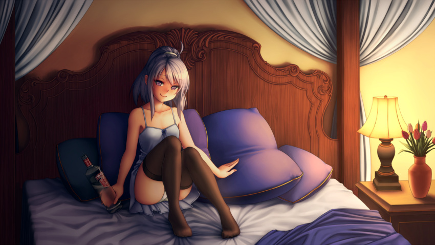 1girl ahoge bare_shoulders bed bottle brown_legwear canopy_bed chemise flower lamp long_hair looking_at_viewer mimi_(mnemosyne) mnemosyne monorus on_bed panties pantyshot pillow ponytail product_placement silver_hair sitting smile smirnoff_(vodka) solo thigh-highs underwear vase violet_eyes white_panties
