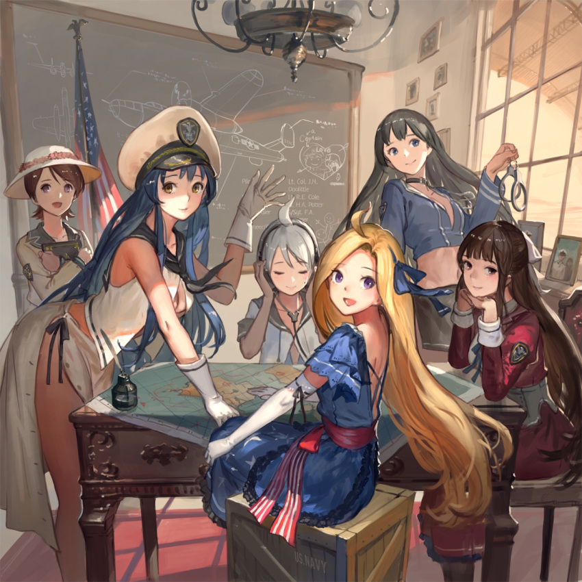 6+girls :d american_flag chalkboard character_request chin_rest crate cuffs english gloves handcuffs headphones heart highres inkwell jeanex kantai_collection lamp looking_at_viewer map mecha_musume midriff multiple_girls open_mouth original personification photo_(object) smile table uss_chicago_(ca-29) uss_edsall_(dd-219) uss_lexington_(cv-2) uss_marblehead_(cl-12) uss_maryland_(bb-46) white_gloves