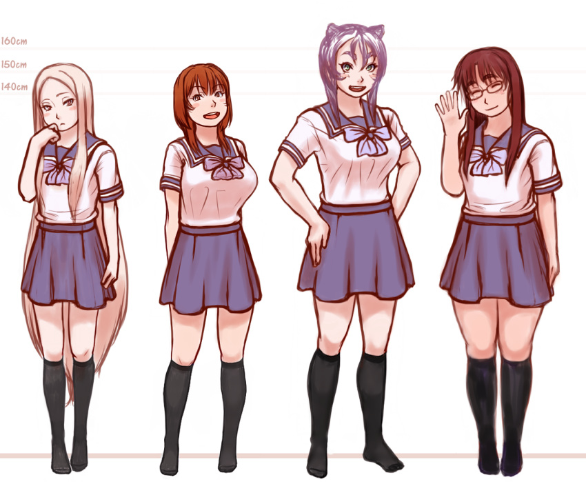 4girls bow breasts broad_shoulders brown_eyes brown_hair eyebrows frown full_moon glasses green_eyes hakusan_tora hands_on_hips height_chart height_difference kamisuki large_breasts long_hair matching_outfit meat_day moon multiple_girls open_mouth original platinum_blonde redhead school_uniform serafuku shirato_anna shiratori_shiraha shirono_uzuki silver_hair simple_background socks standing thick_eyebrows very_long_hair waving white_background