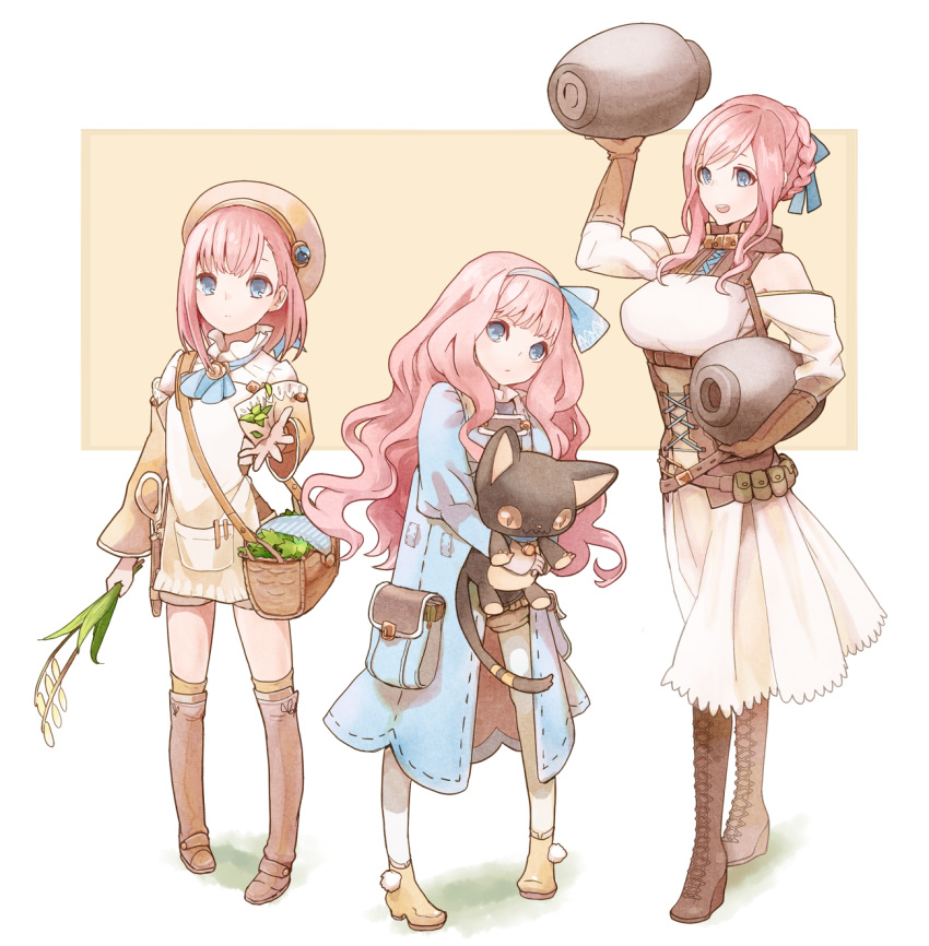 3girls :d artist_request bag bare_shoulders blue_eyes boots braid corset detached_sleeves flower full_body gloves hairband hat highres holding long_hair looking_at_viewer multiple_girls open_mouth original pink_hair pouch scissors shorts siblings sidelocks sisters smile standing tagme thigh-highs wavy_hair