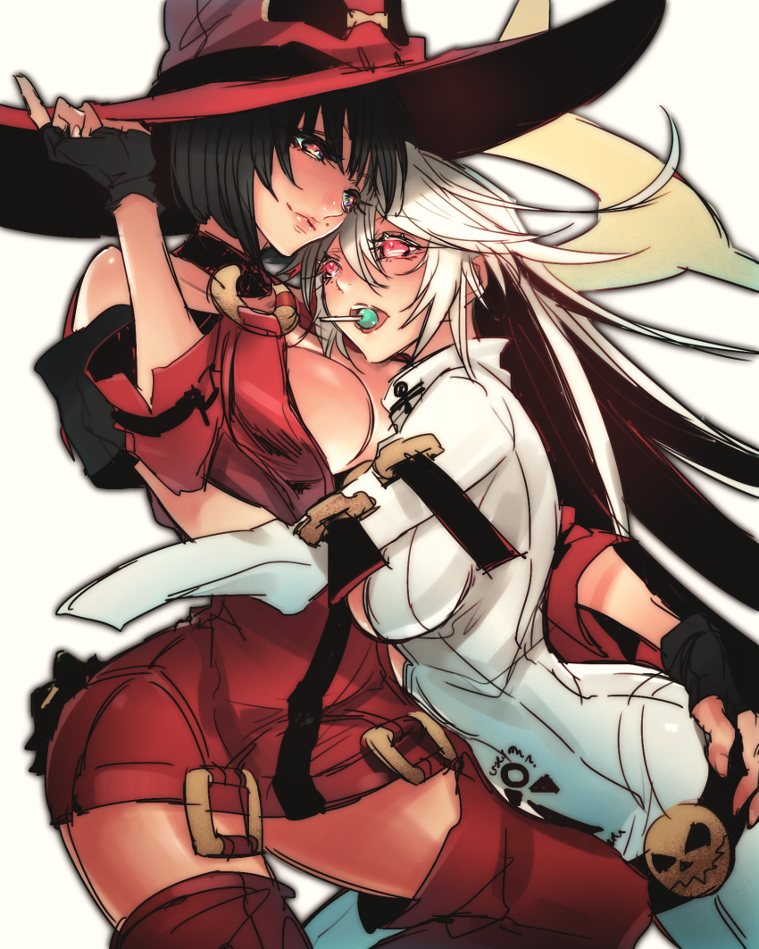 black_hair breasts candy cleavage fingerless_gloves gloves guilty_gear guilty_gear_xrd halo hat highres hug i-no jack-o_(guilty_gear) lollipop multicolored_hair oro_(sumakaita) red_eyes redhead thigh-highs two-tone_hair white_hair witch_hat