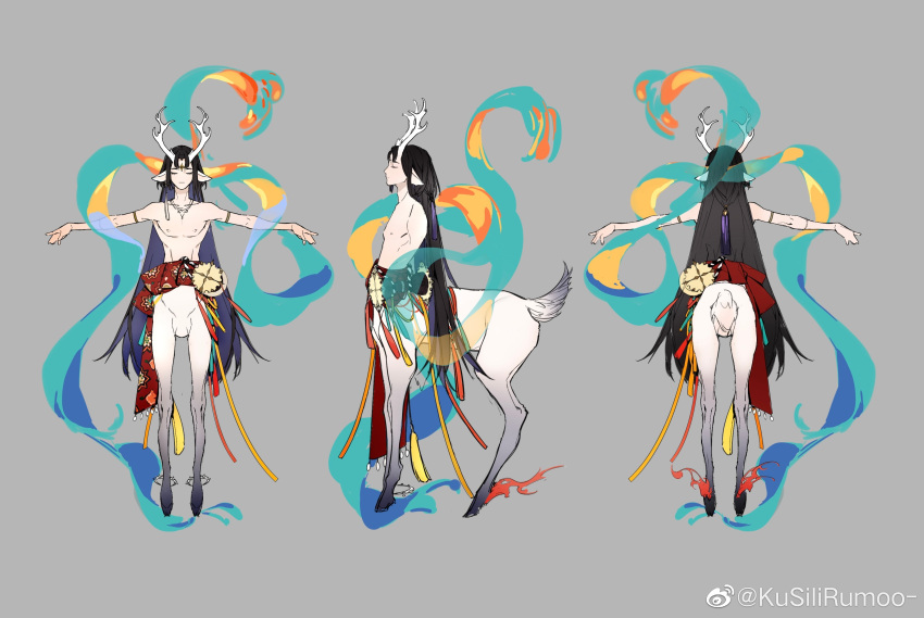 1boy animal_ears antlers arms_at_sides black_hair centaur character_sheet completely_nude costume_request deer_ears deer_tail eyeshadow facial_mark forehead_mark full_body haro_(kusiiirumoo) highres long_hair makeup male_focus monster_boy multicolored_hair multiple_views mythology nude original reindeer_antlers skinny tagme tail taur two-tone_hair