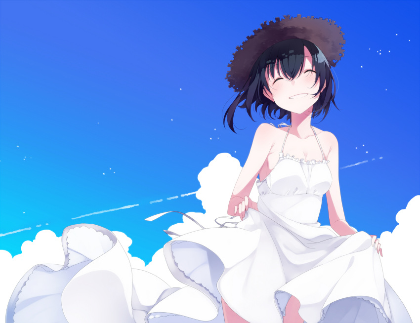 1girl blue_hair breasts cleavage closed_eyes clouds dress hat highres original short_hair skirt_hold sky smile solo sun_hat sundress umiko_(munemiu)