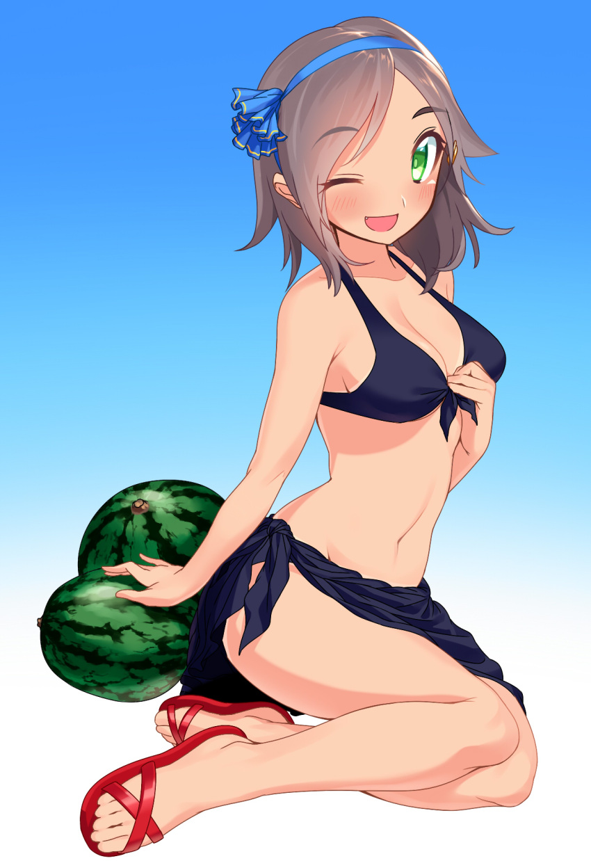 1girl ;d bangs bare_legs bikini bikini_pull black_bikini blew_andwhite blush breasts cleavage fang food front-tie_top fruit green_eyes grey_hair groin hair_ornament hairband hairclip hand_on_own_chest highres kantai_collection kuroshio_(kantai_collection) legs_together navel one_eye_closed open_mouth parted_bangs pulled_by_self purple_bikini red_shoes sandals sarong shoes short_hair simple_background sitting smile solo swimsuit tan tanline watermelon white_background yokozuwari