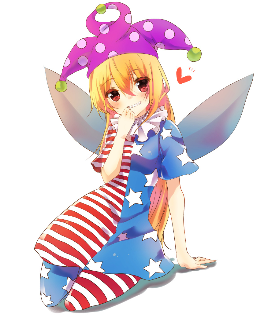 1girl american_flag_legwear american_flag_shirt arm_support atena_(k-kzk1842) bangs blonde_hair blush clownpiece dress fairy_wings full_body grin hair_between_eyes hat heart highres jester_cap legs_folded long_hair looking_at_viewer pantyhose red_eyes seiza shadow short_sleeves simple_background sitting smile solo tareme touhou white_background wings