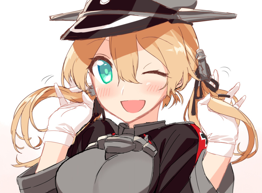 1girl ;d aqua_eyes blew_andwhite blonde_hair blush gloves hands_in_hair hat kantai_collection long_hair looking_at_viewer military military_uniform one_eye_closed open_mouth peaked_cap prinz_eugen_(kantai_collection) simple_background smile solo twintails uniform white_background white_gloves