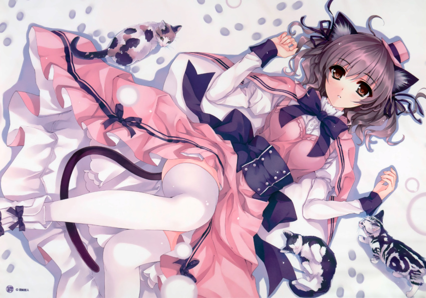 1girl absurdres all_fours animal_ears brown_eyes brown_hair cat cat_ears cat_tail dress hat highres lying mini_top_hat misaki_kurehito snow solo tagme tail thigh-highs top_hat white_legwear