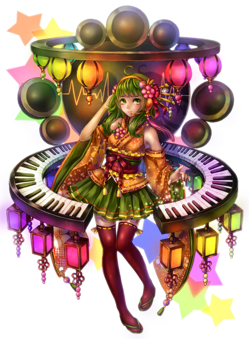 1girl ahoge bare_shoulders daphne_zhang detached_sleeves floral_print flower full_body green_eyes green_hair gumi hair_flower hair_ornament headphones highres instrument keyboard_(instrument) lantern nail_polish pleated_skirt red_legwear sash skirt thigh-highs vocaloid wide_sleeves zettai_ryouiki