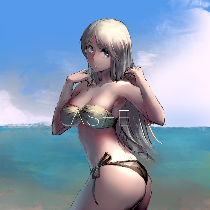 1girl ashe_(league_of_legends) bikini blue_eyes breasts character_name cleavage highres league_of_legends long_hair looking_at_viewer navel parted_lips sky_of_morika solo swimsuit white_hair