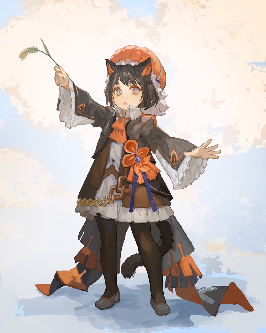 1girl :o animal_ears ascot bangs black_coat black_hair black_legwear blue_eyes cat_ears cat_girl cat_tail coat coattails commentary dated dress frilled_dress frilled_hat frilled_sleeves frills full_body halloween hat highres holding long_sleeves looking_to_the_side open_mouth orange_ascot original outstretched_arms outstretched_hand pantyhose pumpkin_hat short_hair signature solo spread_arms standing tail toujou_bun wheat