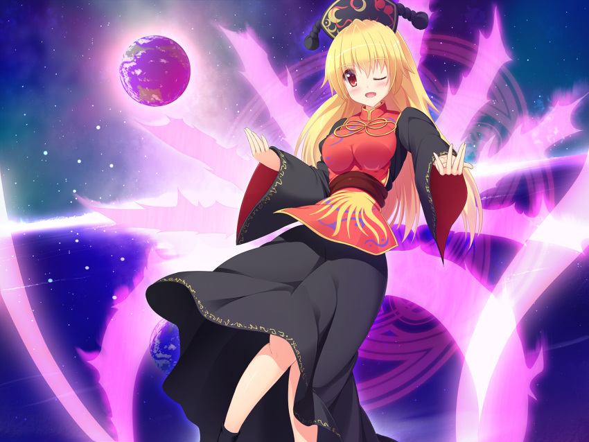 1girl black_dress blonde_hair chinese_clothes dress hair_ornament highres junko_(touhou) legacy_of_lunatic_kingdom liya long_hair long_sleeves one_eye_closed open_mouth planet red_eyes sash smile solo space tabard touhou very_long_hair wide_sleeves